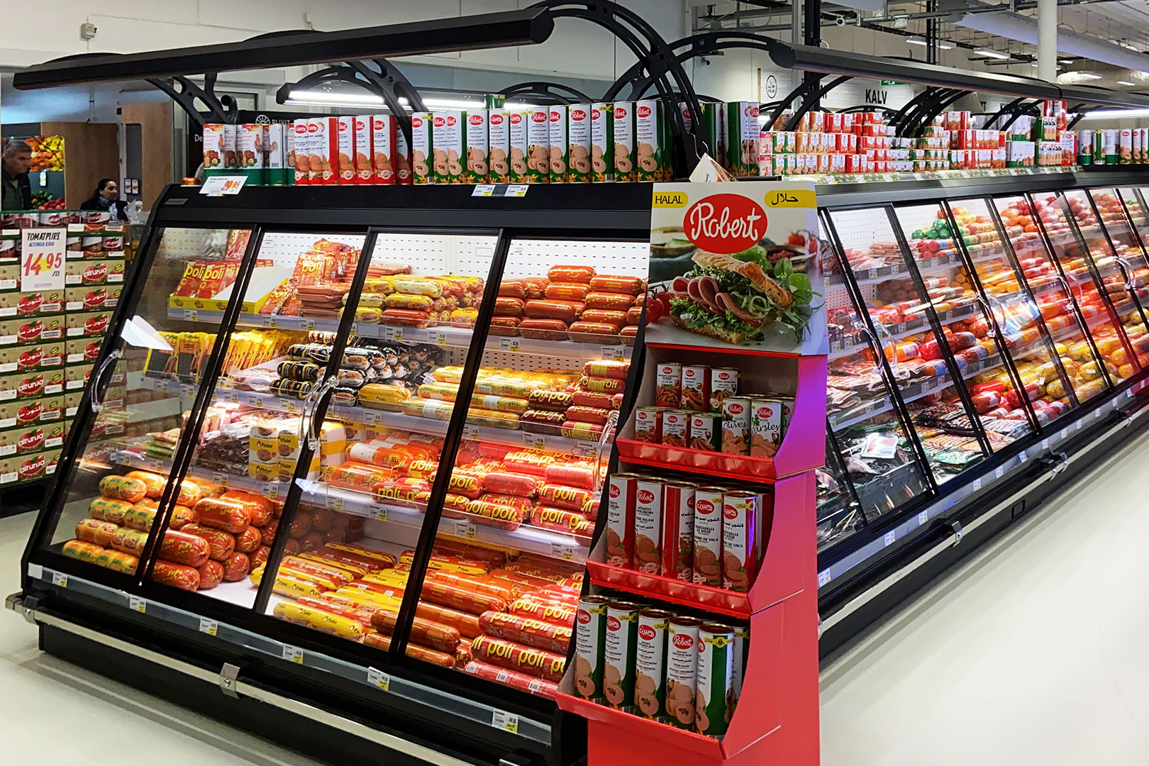 Niskie regały chłodnicze Louisiana eco MSV 105 MT D, supermarket (Szwecja)
