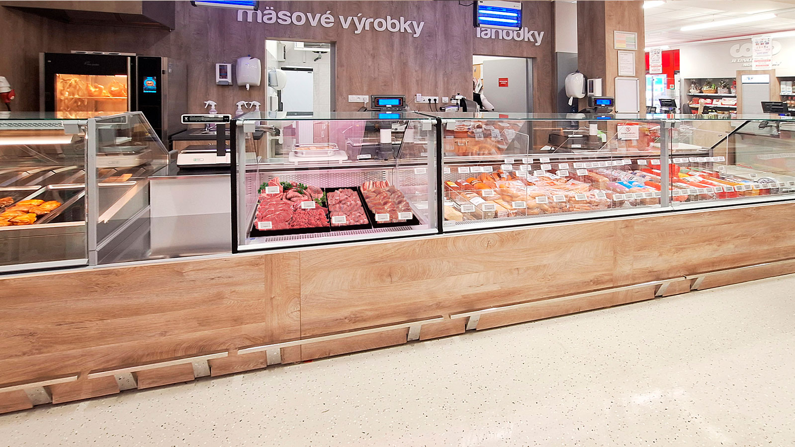 Refrigerated counters Missouri MC 120 deli PS 130-DBM, Missouri NC 120 cash desk 085, convenience store Coop, Slovakia